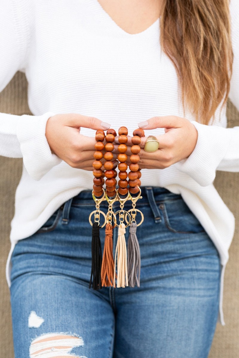 Wooden bead Key Ring Bracelet, unique gifts, key ring, key chain, fringe key ring, tassel key ring, wooden beads, purse accessory,