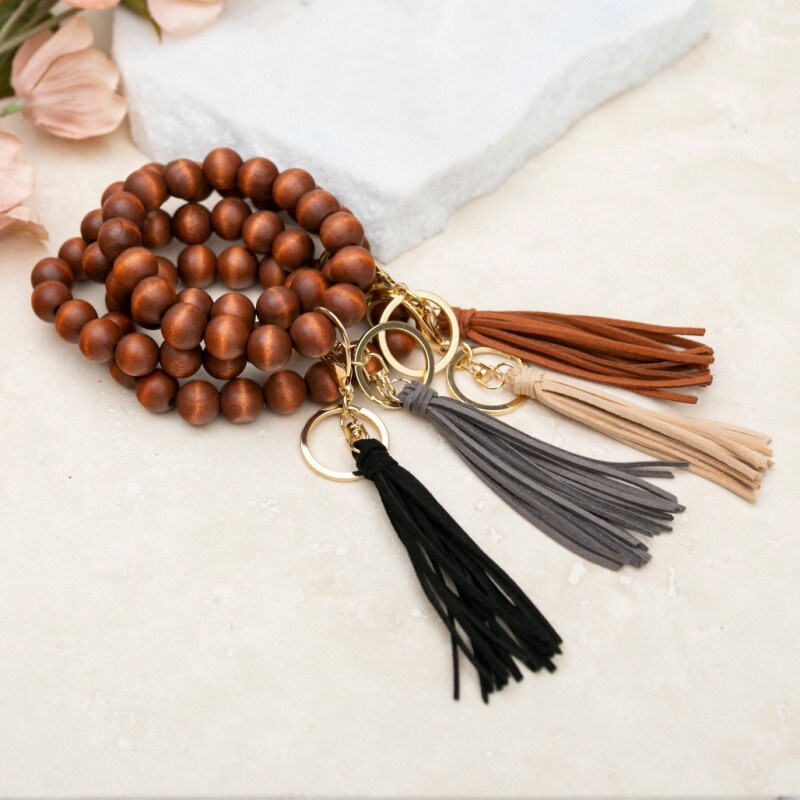 Wooden bead Key Ring Bracelet, unique gifts, key ring, key chain, fringe key ring, tassel key ring, wooden beads, purse accessory,